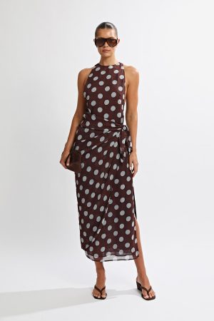 Suri Wrap Maxi Dress Brown/Blue Polka
